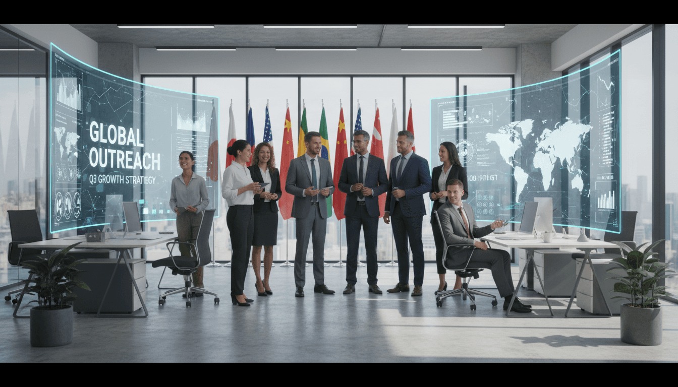 Diverse business team working in modern office with global flags and digital displays