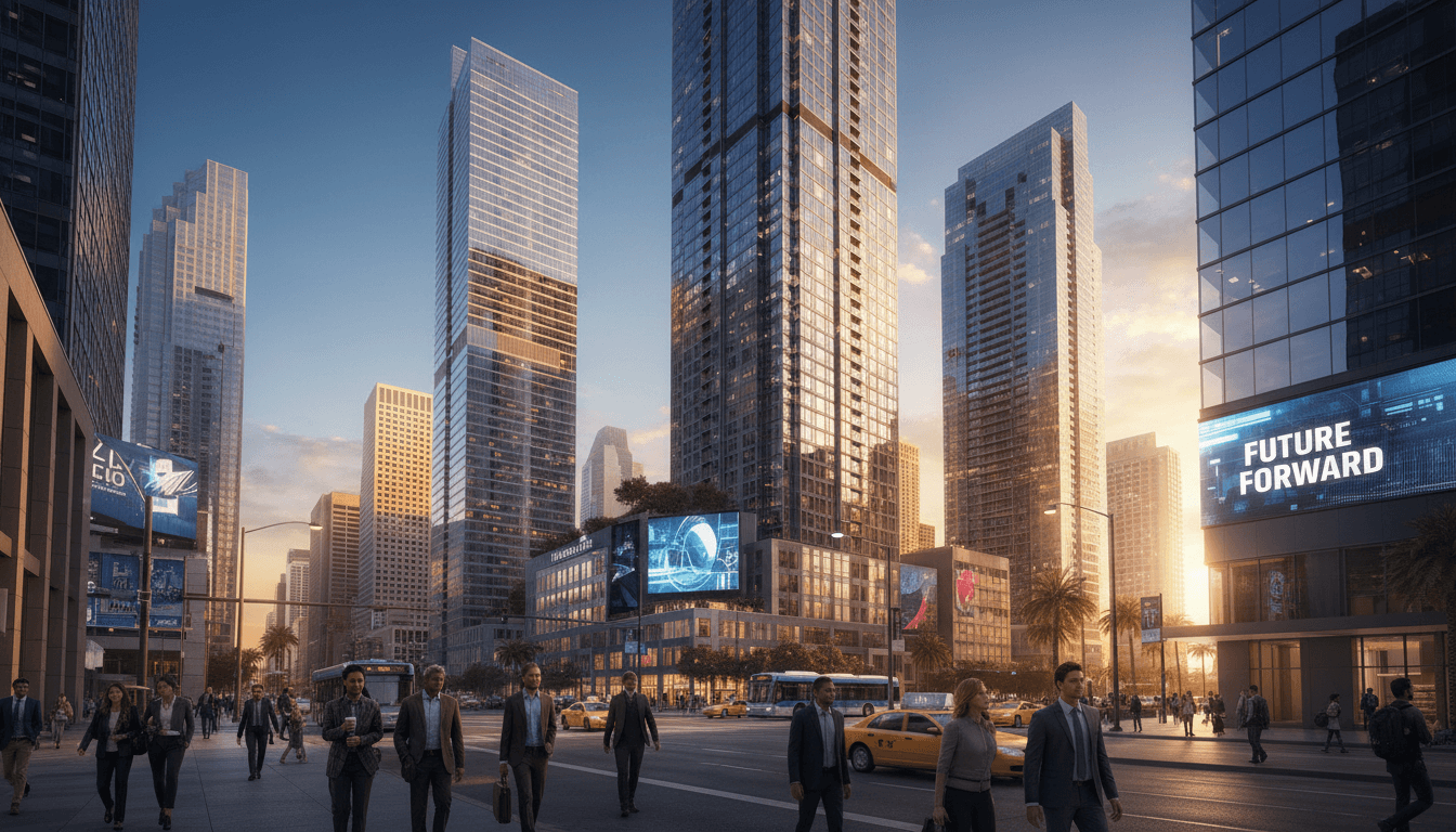 United States market overview with urban skyline and commercial district
