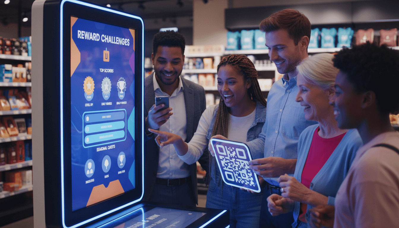 Diverse group of customers excitedly gathered around interactive kiosk displaying colorful gamified loyalty challenges and achievement badges