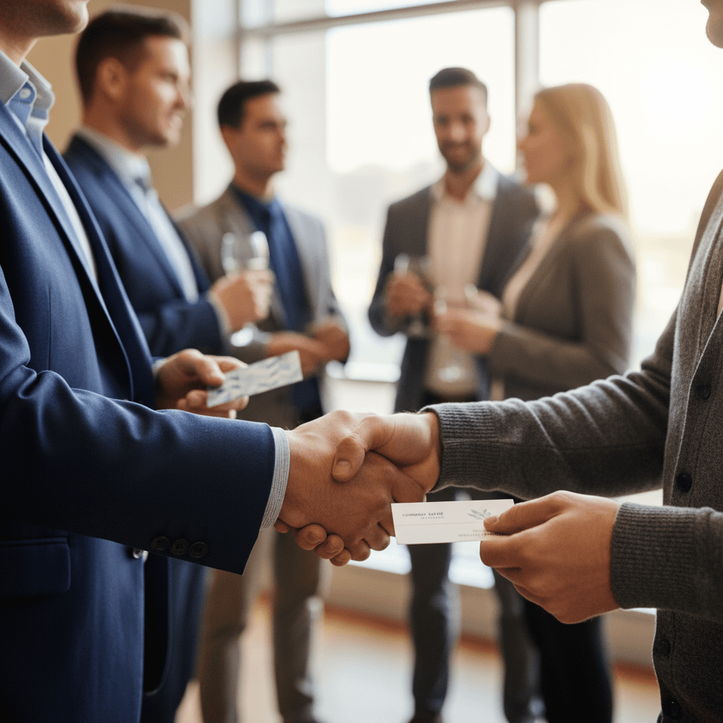 Two professionals exchanging business cards and shaking hands during networking reception, with other attendees mingling in soft-focused background