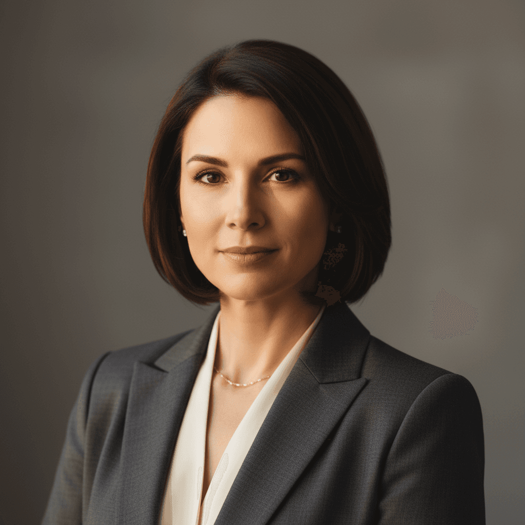 Professional female executive in business attire gazing at camera with confident expression in studio lighting