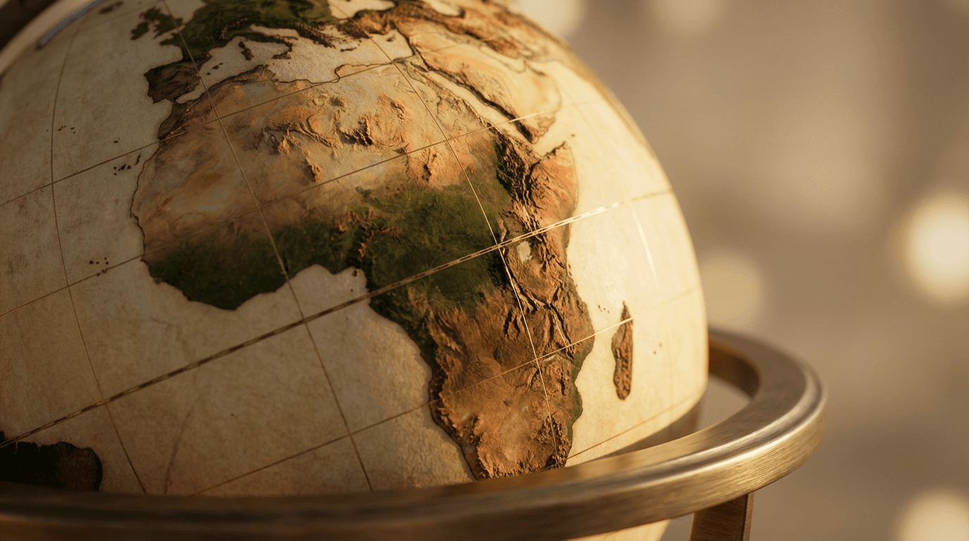 Close-up of antique globe with Africa in focus, warm studio lighting, slow rotation, detailed topography.