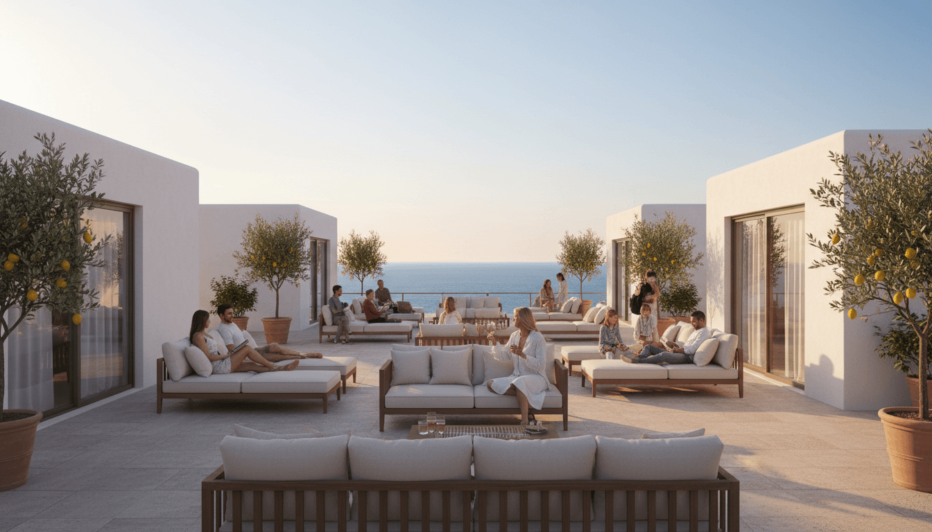 Panoramic terrace of luxury coastal apartments with guests relaxing, overlooking Mediterranean sea during golden hour