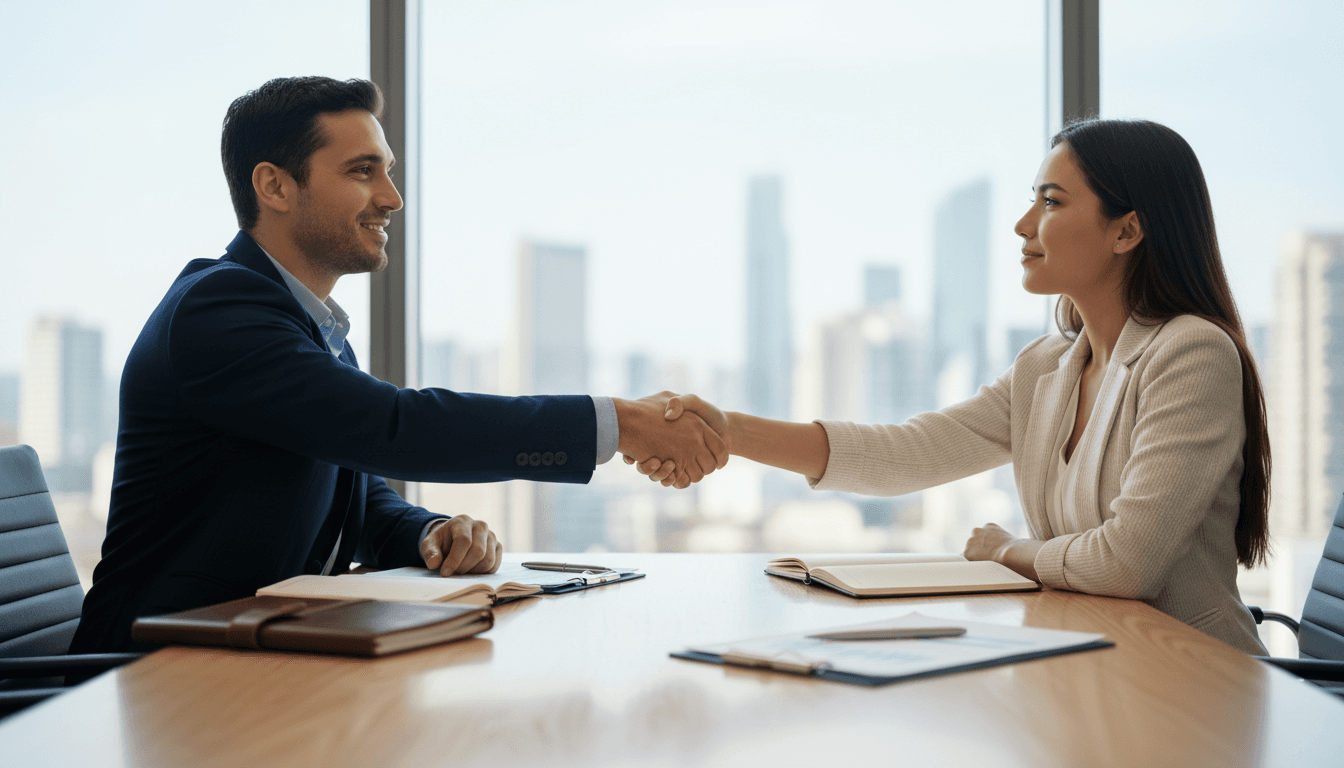 Business owner and investment partner shaking hands across wooden conference table in bright modern office